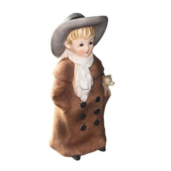 Lefton Vintage 1950s Porcelain Hand-painted Figurine Boy in Coat & Hat w/ Dog - Picture 2 of 14